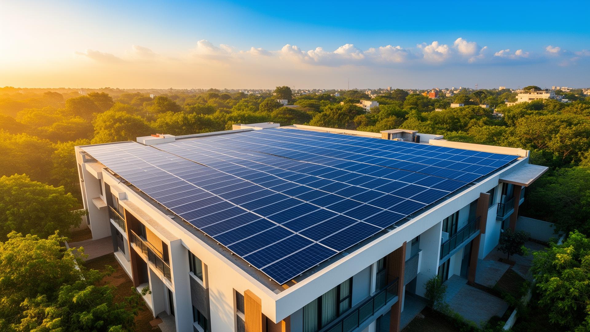 Rooftop solar installation in India at sunrise